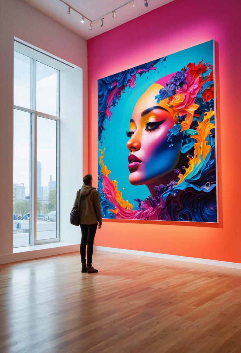 A bustling contemporary art gallery filled with diverse artworks and vibrant colors. Dynamic visitors engage with bold sculptures and striking paintings, while a spotlight illuminates a featured installation. The atmosphere is lively with hints of modern trends, like digital art and immersive exhibits. Contemporary architecture frames the scene, inviting viewers into a world of creativity and inspiration. super-realistic. vibrant colors. 3D.