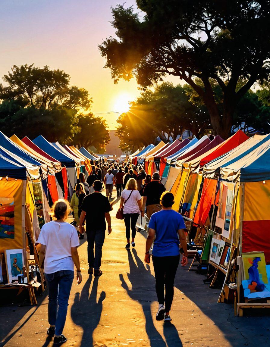 A vibrant street scene filled with local artists showcasing their work at an outdoor art fair. Colorful tents display various art pieces including paintings, sculptures, and crafts, while visitors engage with the artists. Incorporate elements of creativity such as paint splashes and brush strokes in the background. The sun is setting, casting a warm golden light over the scene, evoking a sense of community and culture. super-realistic. vibrant colors. sunset lighting.