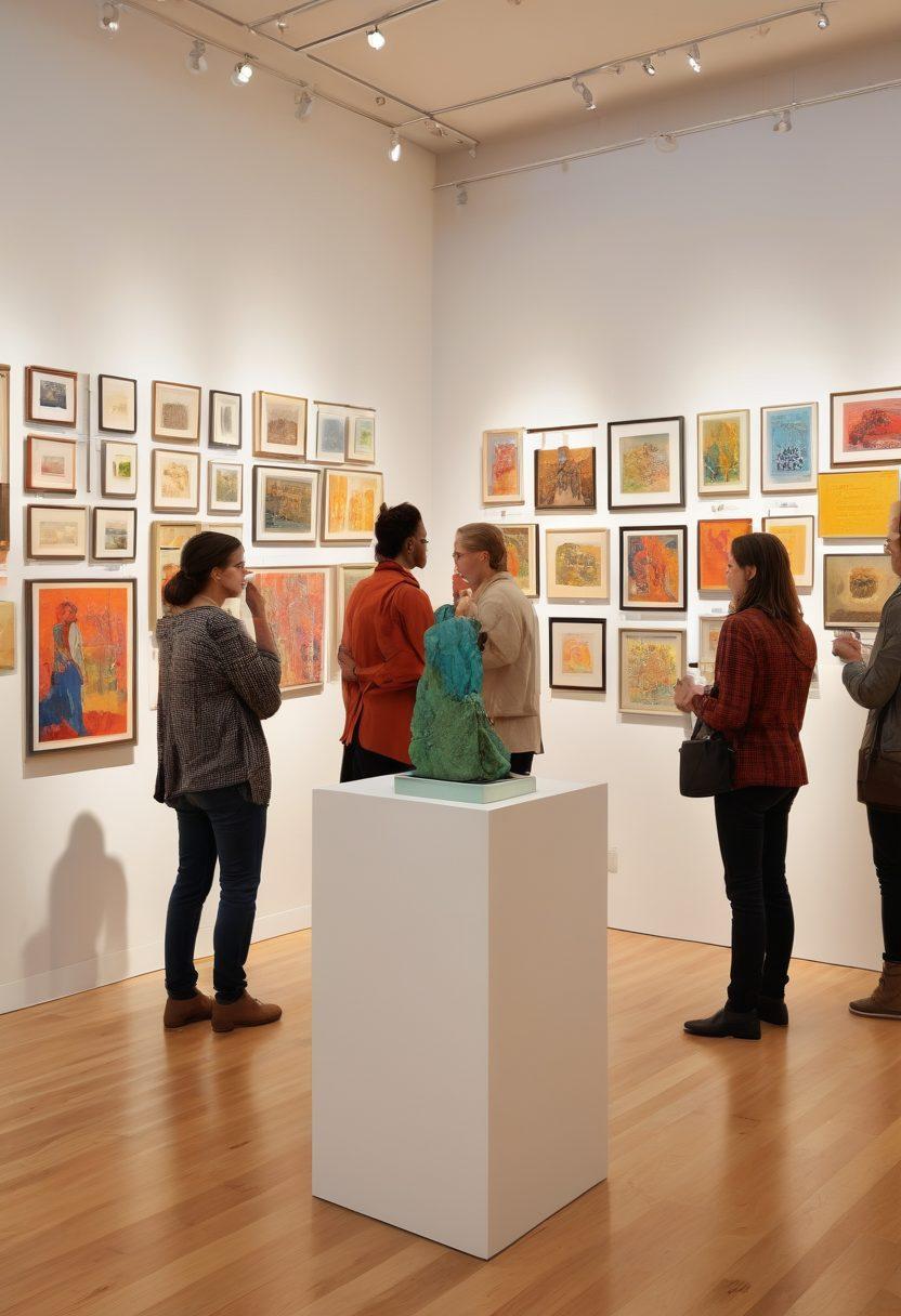 A bustling art gallery filled with diverse artworks, showcasing a vibrant connection between artists and collectors. Include enthusiastic visitors engaging with artists, discussing pieces, and examining sculptures with intriguing expressions. Use a dynamic color palette that highlights the intensity and creativity of the event, while incorporating elements like name tags and small placards. super-realistic. vibrant colors. warm lighting.